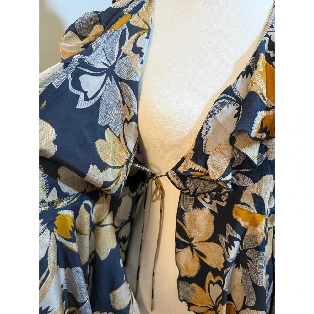 Anna Sui Anthropologie Wrap Top Womens 2 Navy Yellow Floral Silk Ruffle Flutter - Picture 3 of 7